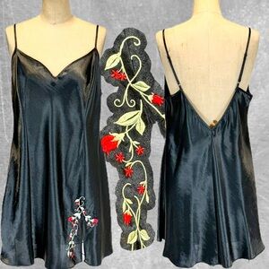 VINTAGE silky vine flower embroidered strappy nightgown open back backless 90s